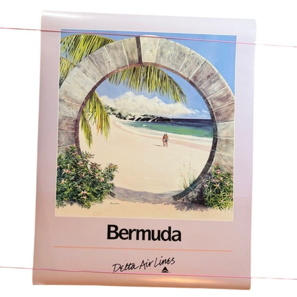 Original VTG 80s Delta Air Lines Bermuda Travel Poster by M. Husimi - 28" x 22"